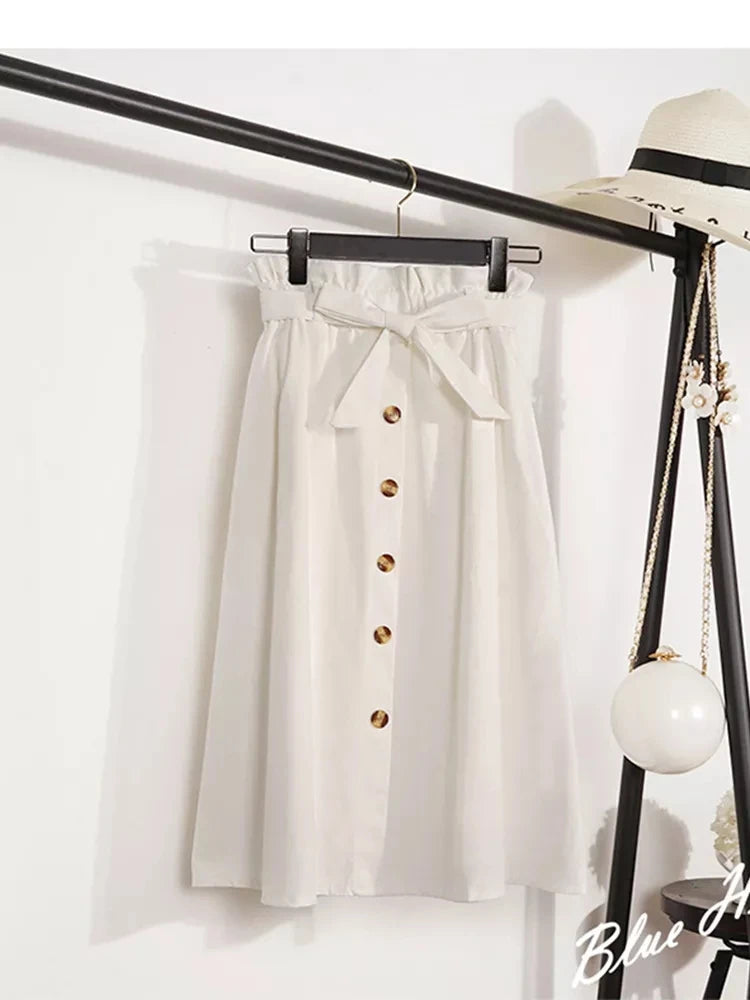 Elegant Women's Midi Skirt – High Waist Knee-Length Pleated Summer & Autumn Skirt