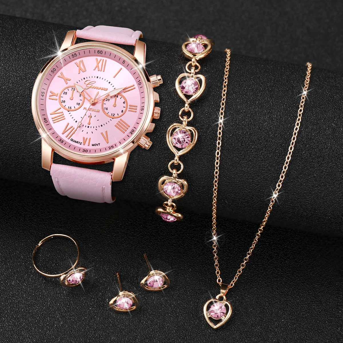 Women’s Quartz Watch & Heart Jewellery Set with Leather Strap