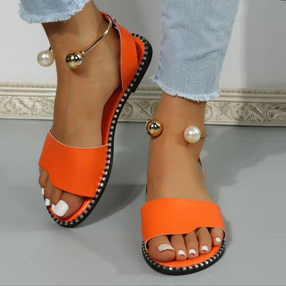 Women’s Beaded Slingback Flat Sandals – Comfortable Ankle Strap Summer Beach Shoes