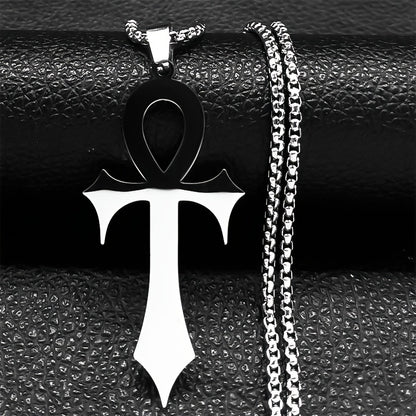 Gothic Egyptian Ankh Cross Necklace – Black Stainless Steel Pendant for Men & Women
