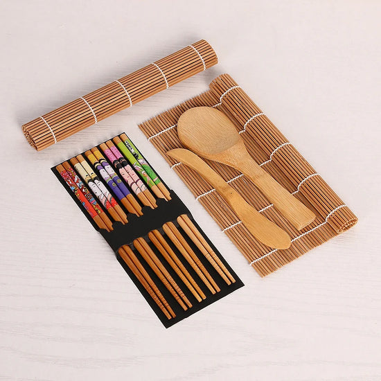 9Pcs/Set Bamboo Sushi Making Kit Sushi Mat Including 2 Sushi Rolling Mats 5 Pairs of Chopsticks 1 Paddle 1 Spreader Cooking Tool