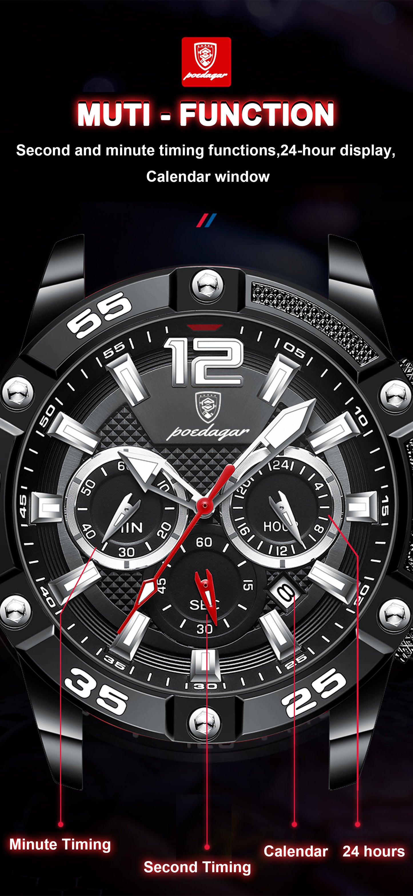 Men’s Sport Chronograph Watch – Dual Display Luminous Dial 24H Time & Date