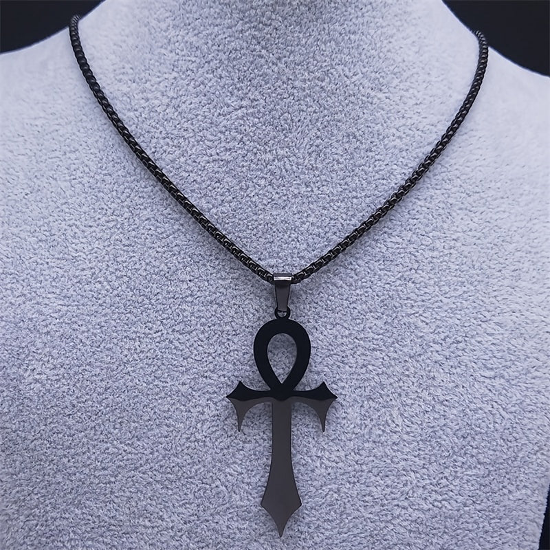 Gothic Egyptian Ankh Cross Necklace – Black Stainless Steel Pendant for Men & Women
