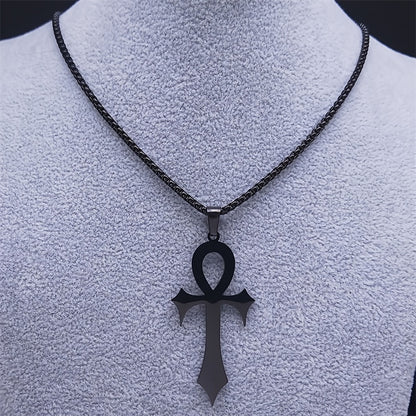 Gothic Egyptian Ankh Cross Necklace – Black Stainless Steel Pendant for Men & Women