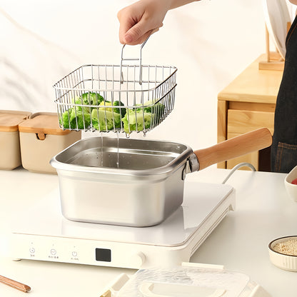 Stainless Steel Deep Fryer with Basket & Lid – Induction Safe, Multi-Purpose Cooking Pot