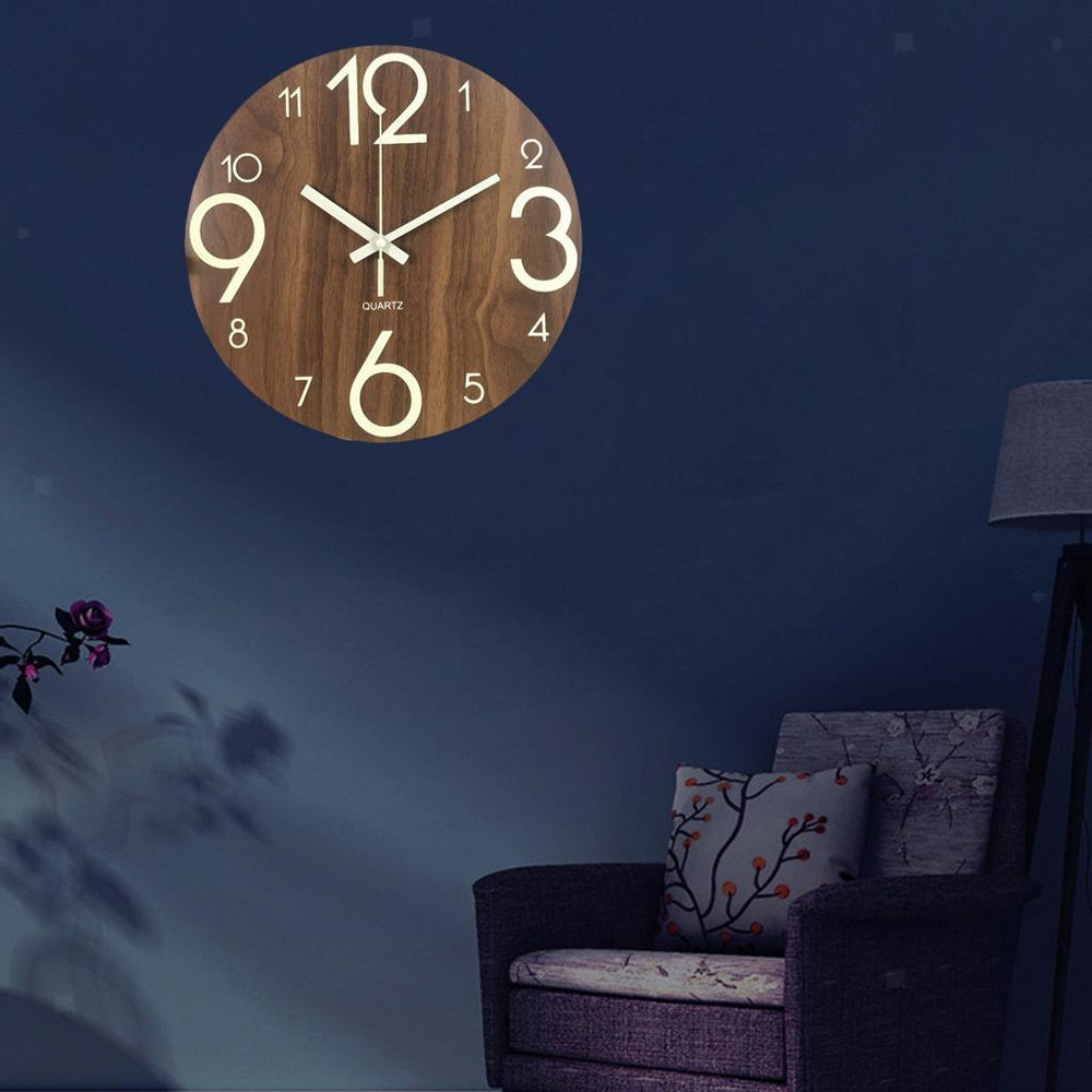 12-Inch Glow in the Dark Silent Wooden Wall Clock for Home Kitchen Office & Bedroom
