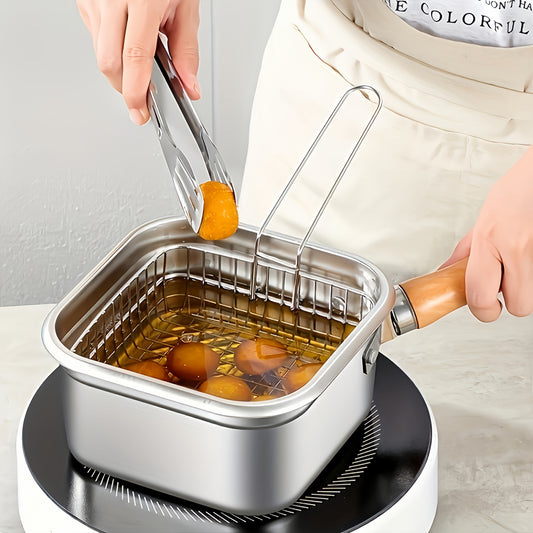 Stainless Steel Deep Fryer with Basket & Lid – Induction Safe, Multi-Purpose Cooking Pot