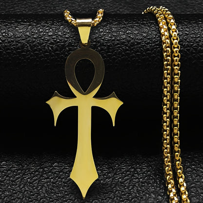 Gothic Egyptian Ankh Cross Necklace – Black Stainless Steel Pendant for Men & Women