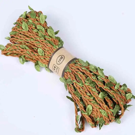 5Meter/lot Natural Jute Twine 5MM Burlap Leaf Ribbon with Artificial Vine Green Leaves for DIY Crafts Wedding Garden Party Decor