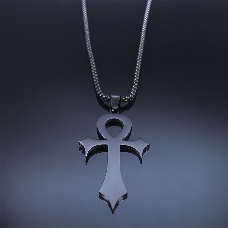 Gothic Egyptian Ankh Cross Necklace – Black Stainless Steel Pendant for Men & Women