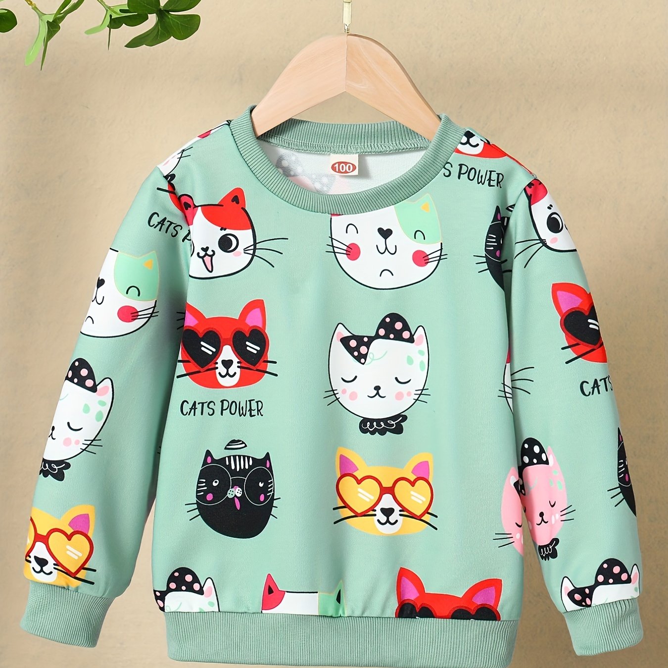 Girls' Cat Print Sweatshirt – Pastel Pink Long Sleeve Top for Everyday & Special Occasions