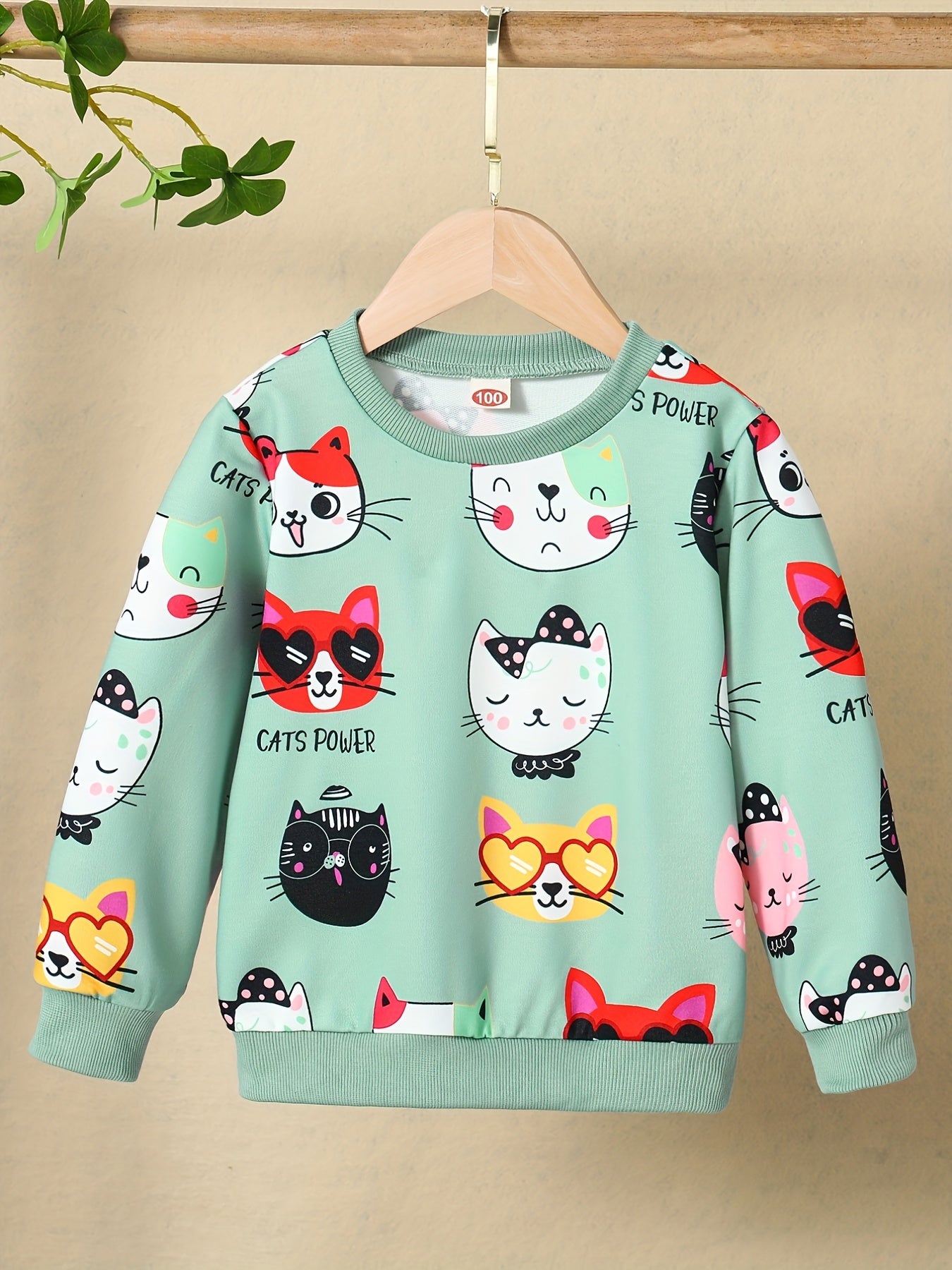 Girls' Cat Print Sweatshirt – Pastel Pink Long Sleeve Top for Everyday & Special Occasions