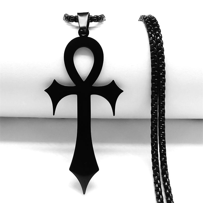 Gothic Egyptian Ankh Cross Necklace – Black Stainless Steel Pendant for Men & Women