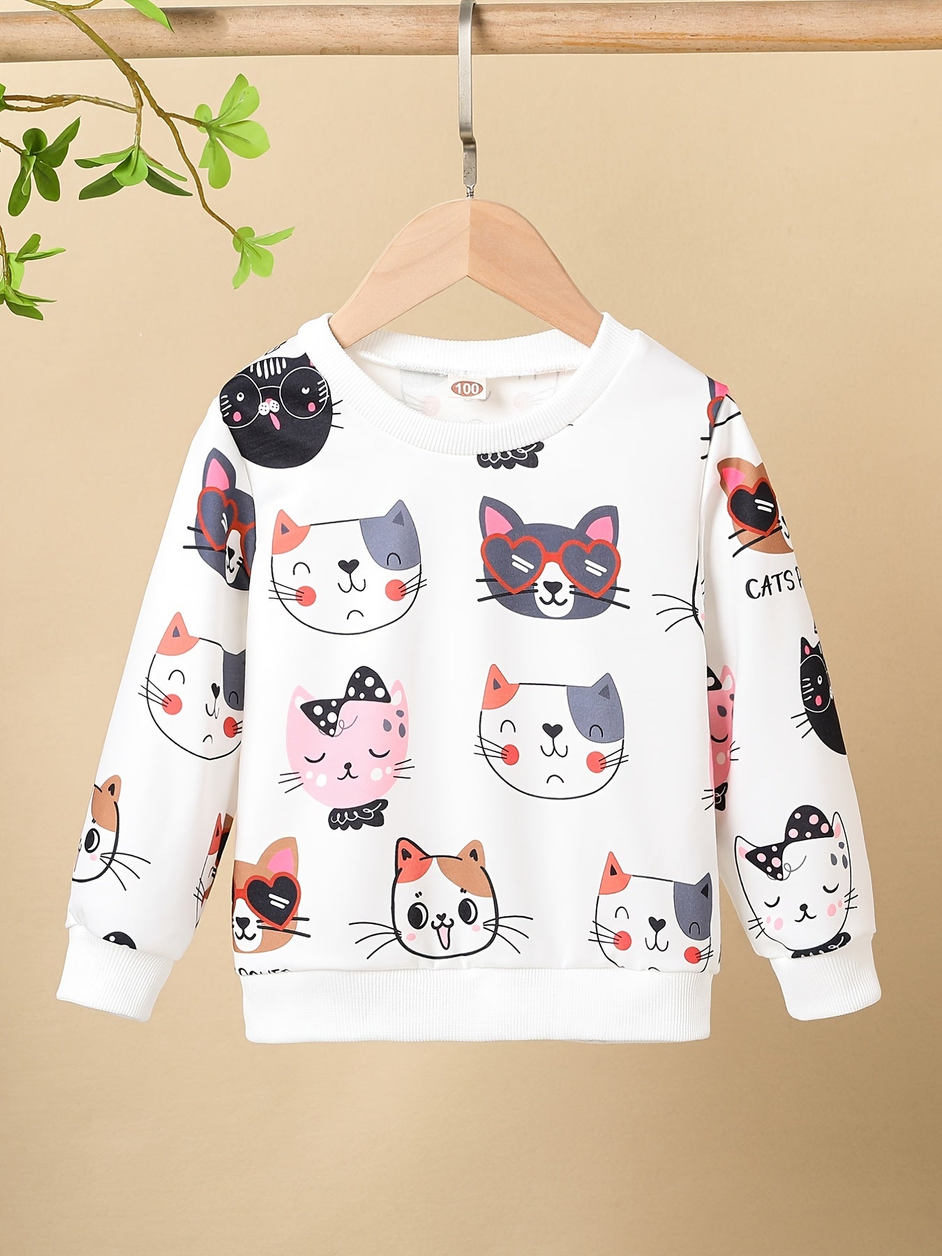 Girls' Cat Print Sweatshirt – Pastel Pink Long Sleeve Top for Everyday & Special Occasions