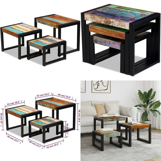 Vintage Three-Piece Nesting Tables Set with Reclaimed Wood and Black Steel Legs, Multicolor Finish for Versatile Living Room Fur