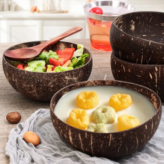 Natural Coconut Bowls for Serving Dishes Salad Oatmeal Yogurt Reusable Wooden Coconut Shell Bowl with Spoon Kitchen Tableware