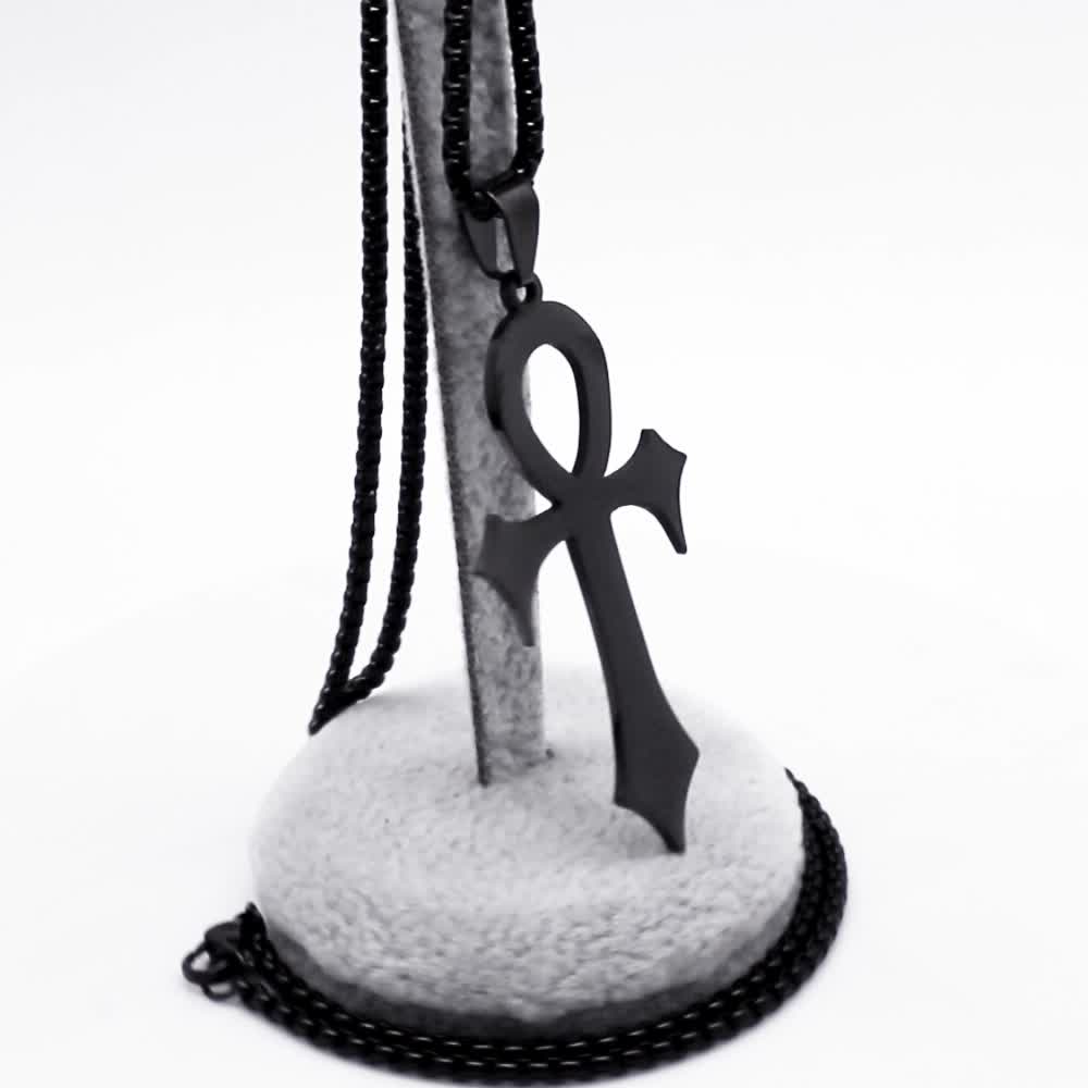 Gothic Egyptian Ankh Cross Necklace – Black Stainless Steel Pendant for Men & Women