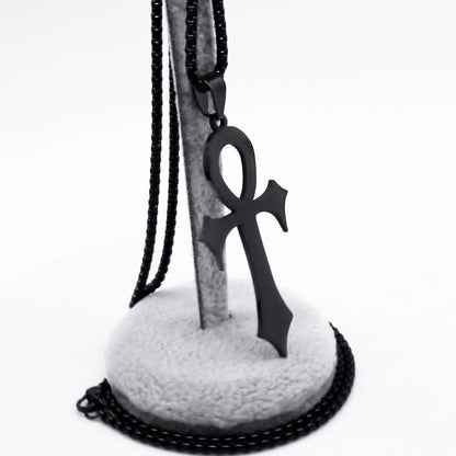 Gothic Egyptian Ankh Cross Necklace – Black Stainless Steel Pendant for Men & Women