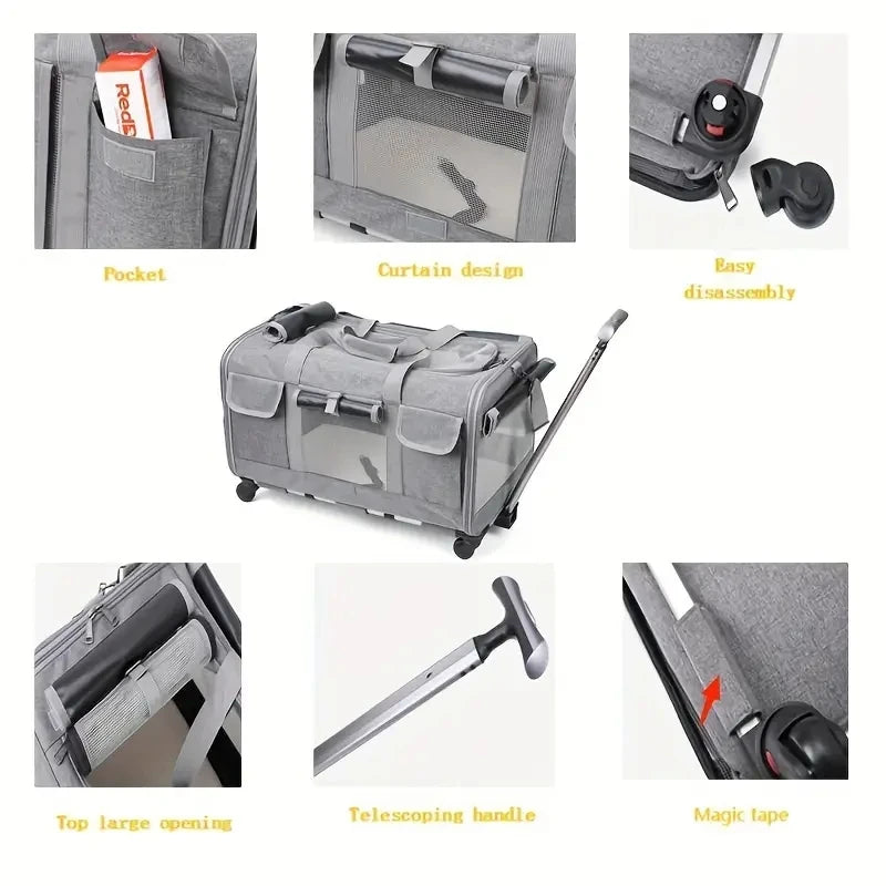 Extra Large Rolling Pet Carrier with Detachable Wheels Foldable Cat & Dog Travel Trolley Bag Portable Pet Transport Case
