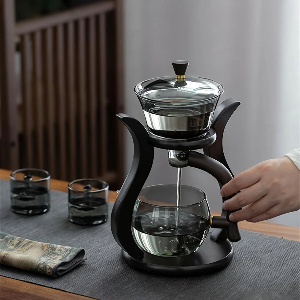 Lazy Kung Fu Glass Tea Set Semi Automatic Drip With Infuser Glass Teapot Set Magnetic Switch Teapot Teacup Set Glassware