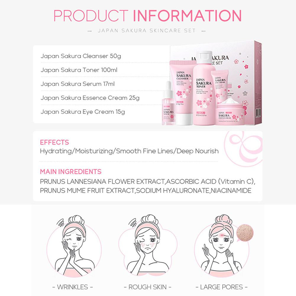 Sakura Facial Skincare Set for Women – Cleanser, Toner, Serum, Eye & Face Cream