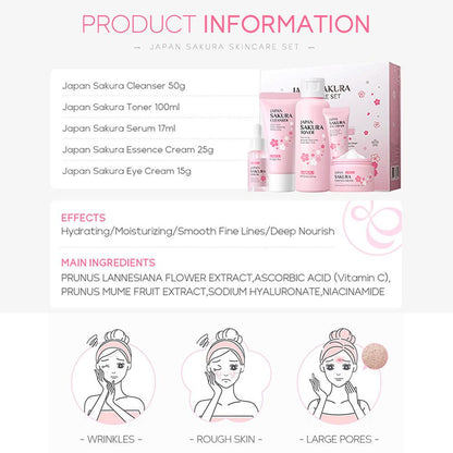 Sakura Facial Skincare Set for Women – Cleanser, Toner, Serum, Eye & Face Cream