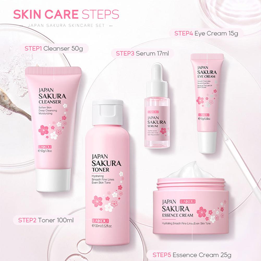 Sakura Facial Skincare Set for Women – Cleanser, Toner, Serum, Eye & Face Cream