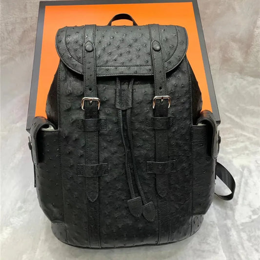 Men’s Black Ostrich Leather Casual Backpack – Drawstring Travel & Leisure Bag