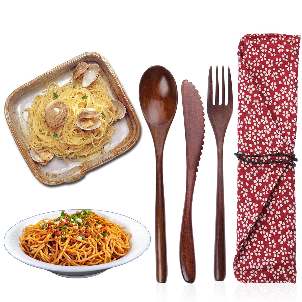 Portable Wooden Cutlery Set – Reusable Bamboo Spoon Fork Knife with Bag