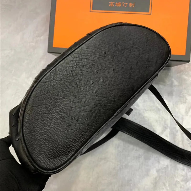 Men’s Black Ostrich Leather Casual Backpack – Drawstring Travel & Leisure Bag