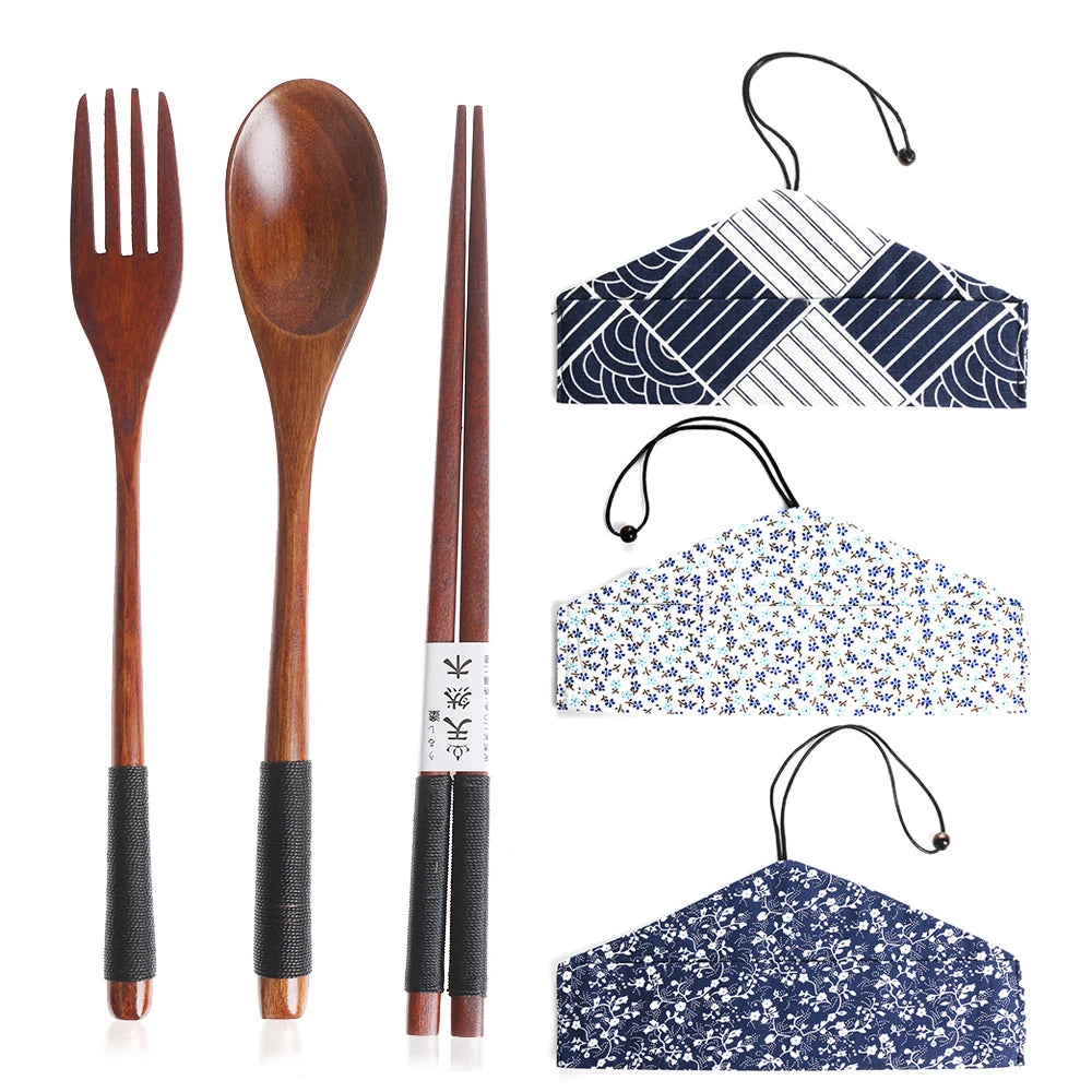Portable Wooden Cutlery Set – Reusable Bamboo Spoon Fork Knife with Bag