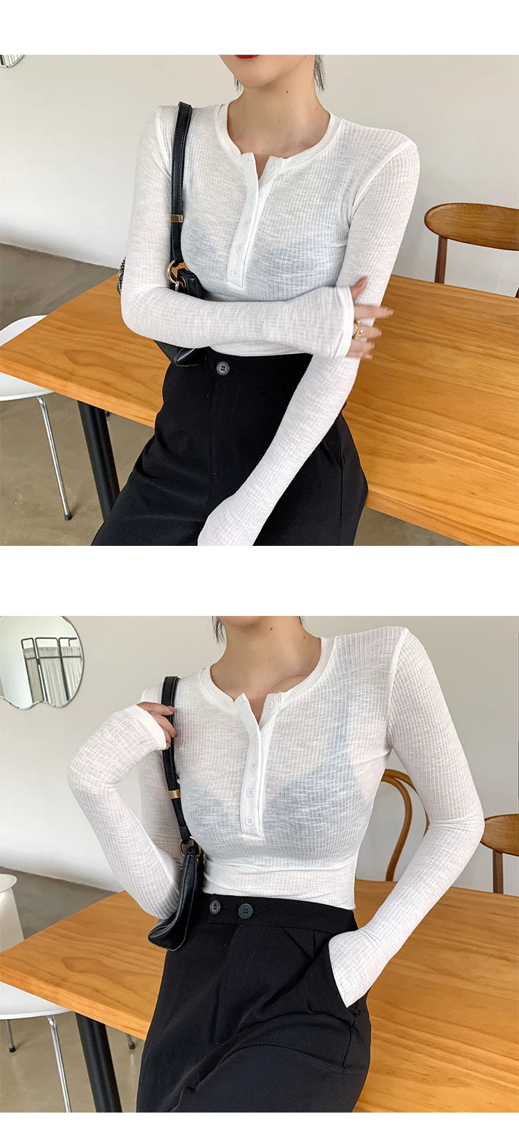 2021 Spring Thin Cotton T-shirts Tees Women's Elastic Slim Solid Soft Semi-transparent O-neck Tshirt Top Real Photos