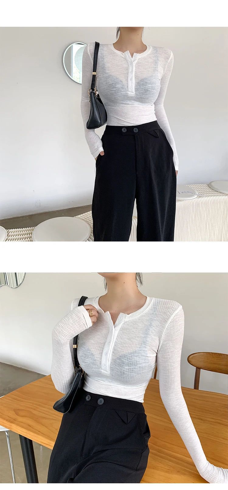 2021 Spring Thin Cotton T-shirts Tees Women's Elastic Slim Solid Soft Semi-transparent O-neck Tshirt Top Real Photos