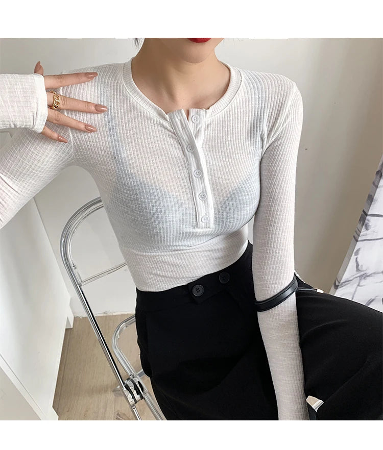 2021 Spring Thin Cotton T-shirts Tees Women's Elastic Slim Solid Soft Semi-transparent O-neck Tshirt Top Real Photos