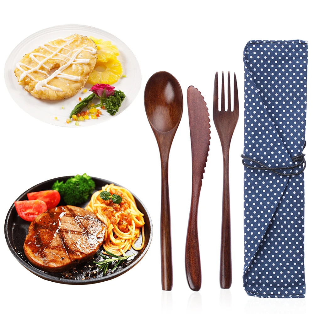 Portable Wooden Cutlery Set – Reusable Bamboo Spoon Fork Knife with Bag