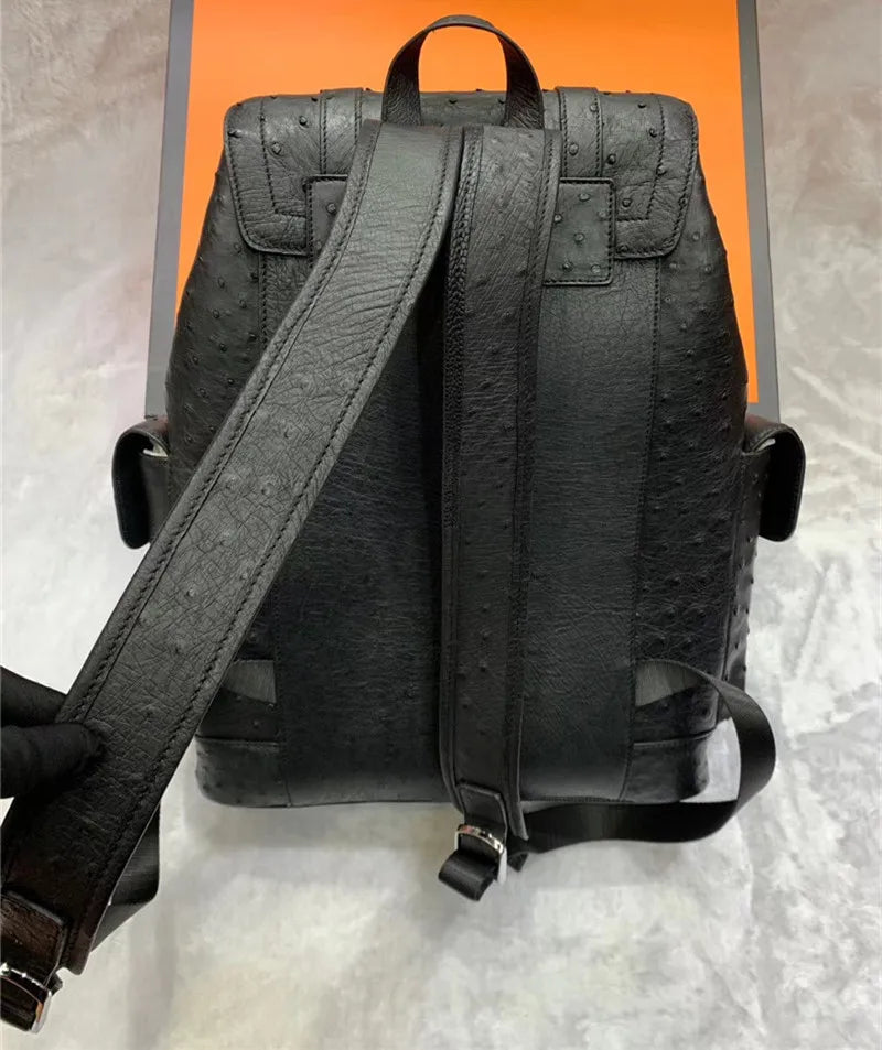 Men’s Black Ostrich Leather Casual Backpack – Drawstring Travel & Leisure Bag