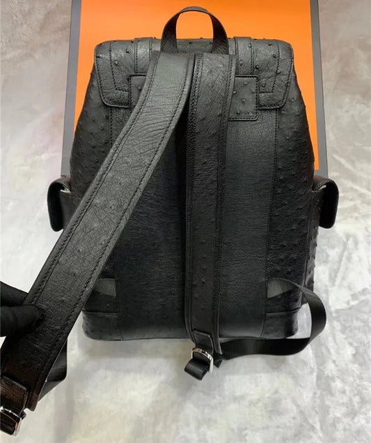 Men’s Black Ostrich Leather Casual Backpack – Drawstring Travel & Leisure Bag