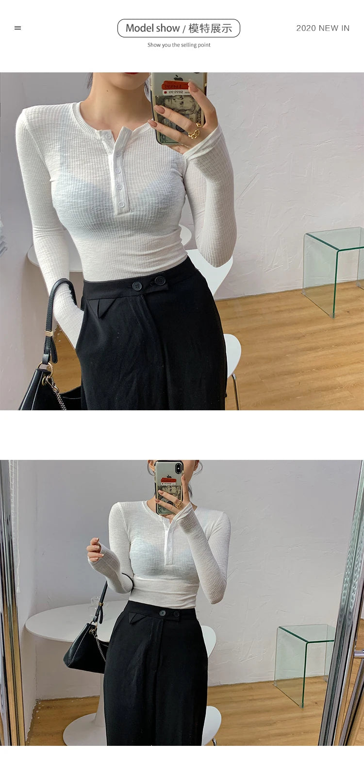 2021 Spring Thin Cotton T-shirts Tees Women's Elastic Slim Solid Soft Semi-transparent O-neck Tshirt Top Real Photos