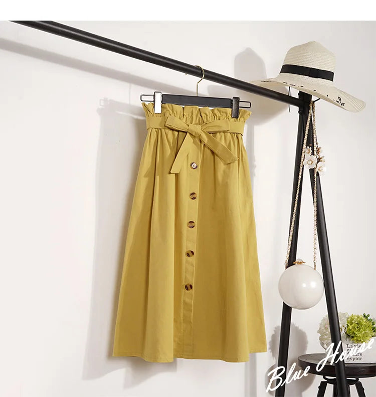 Elegant Women's Midi Skirt – High Waist Knee-Length Pleated Summer & Autumn Skirt