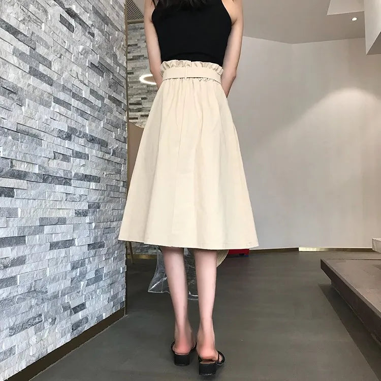 Elegant Women's Midi Skirt – High Waist Knee-Length Pleated Summer & Autumn Skirt