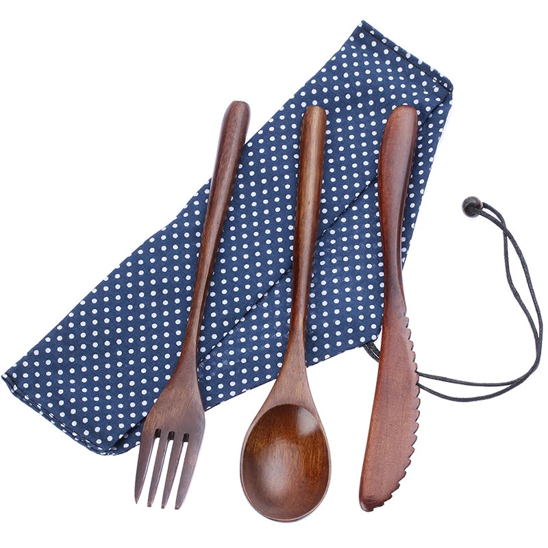 Portable Wooden Cutlery Set – Reusable Bamboo Spoon Fork Knife with Bag