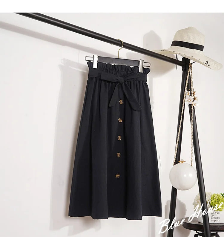 Elegant Women's Midi Skirt – High Waist Knee-Length Pleated Summer & Autumn Skirt