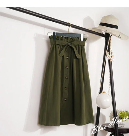Elegant Women's Midi Skirt – High Waist Knee-Length Pleated Summer & Autumn Skirt