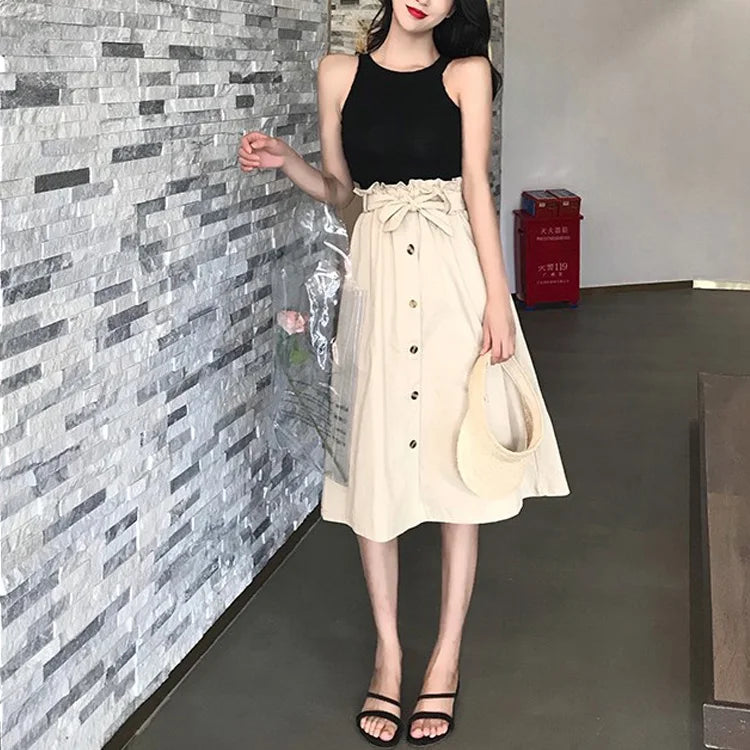 Elegant Women's Midi Skirt – High Waist Knee-Length Pleated Summer & Autumn Skirt