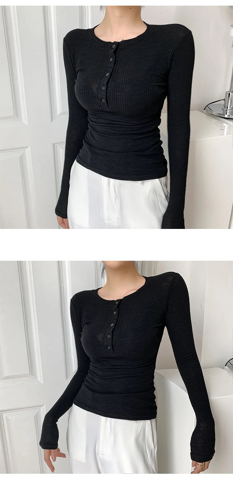 2021 Spring Thin Cotton T-shirts Tees Women's Elastic Slim Solid Soft Semi-transparent O-neck Tshirt Top Real Photos