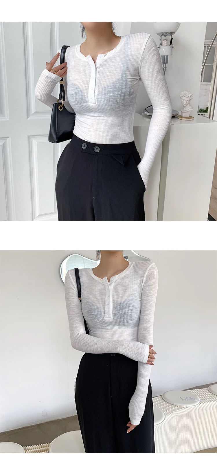 2021 Spring Thin Cotton T-shirts Tees Women's Elastic Slim Solid Soft Semi-transparent O-neck Tshirt Top Real Photos