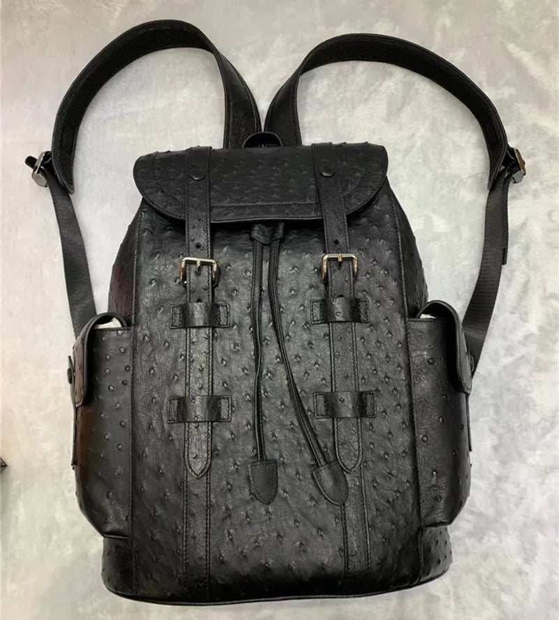 Men’s Black Ostrich Leather Casual Backpack – Drawstring Travel & Leisure Bag