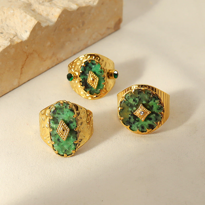 Trendy Women’s Wide Stainless Steel Stone Ring – Bohemian Vintage Style