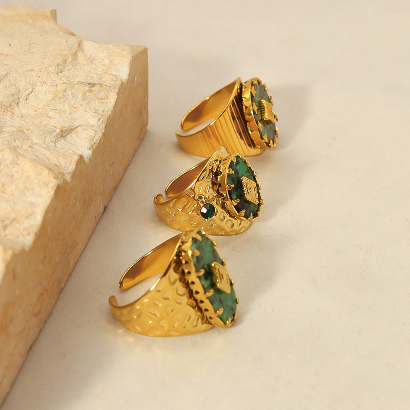 Trendy Women’s Wide Stainless Steel Stone Ring – Bohemian Vintage Style