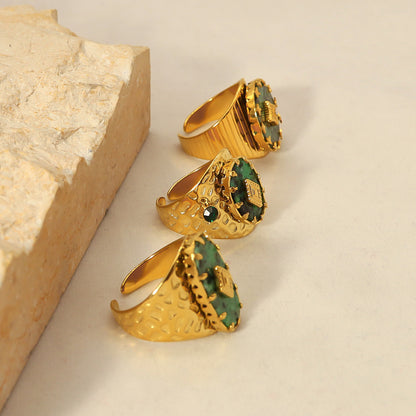 Trendy Women’s Wide Stainless Steel Stone Ring – Bohemian Vintage Style